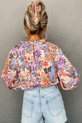 Multicolour Floral Bishop Sleeve Frilled Round Neck Blouse